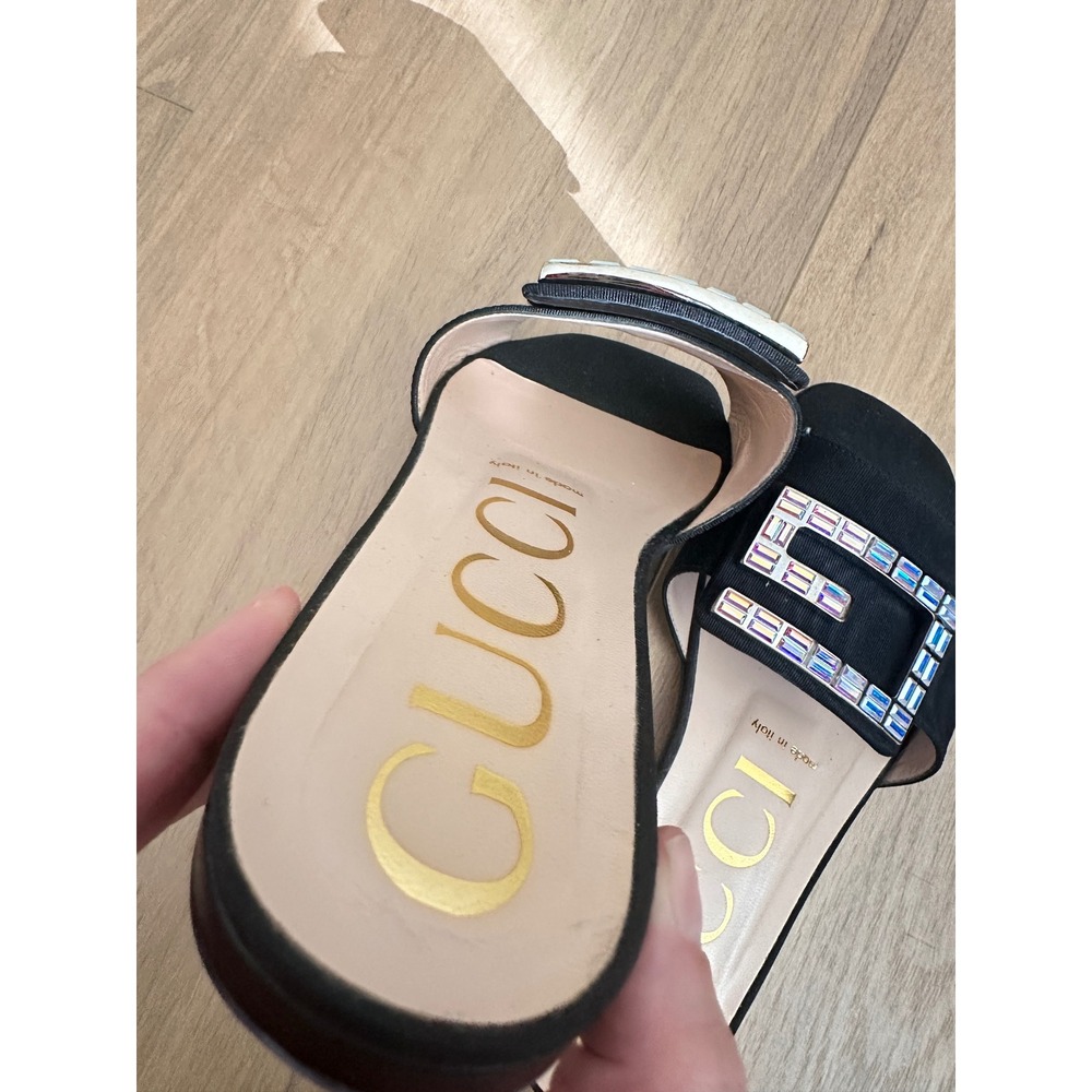 Gucci Nero Black Moire Fabric Crystal G Buckle Slide Sandals 551445 Size 35.5 - Picture 9 of 10